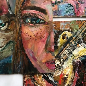 VENTA tres cuadros por el precio de uno Pinturas al óleo 6 x 6 pulgadas Arte original Ángel Niña Gato Guitarra Colección de pinturas Regalo del Día de la Madre Pequeño