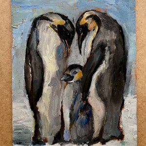 Pintura a óleo de arte original família pinguim 5x7 polegadas presente fotos de pássaros galeria de parede sem moldura decoração para casa coleção pássaros pequena pintura