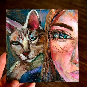 Chat et fille Art original 6 po. 6 po. Sans cadre Cadeau pour les amoureux des chats Galerie d'art mural Cadeau jusqu'à 35 portraits de chat Collection de décorations faites maison