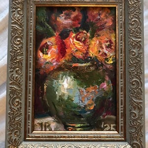 Pintura al óleo de rosas amarillas enmarcada, 4 x 6 pulgadas, arte original, no impreso, pintura pequeña, estilo vintage, flores, decoración al óleo, estilo bohemio, impasto