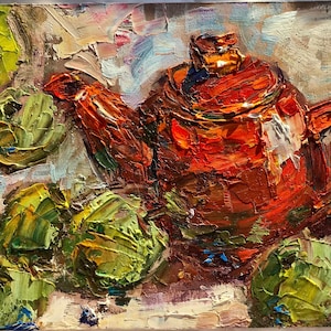 Bule Maçãs Pintura a Óleo Arte Original Cozinha Natureza Morta Arte de Parede Galeria Laranja Chá Verde Fruta Impressões Pequena Pintura 5 x 7 polegadas