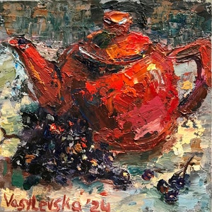 Bule vermelho Arte original Sem moldura Cozinha Natureza morta Pintura a óleo 6 x 6 polegadas Cor laranja Óleo sobre cartão duro Feito à mão 100% produtos da Ucrânia