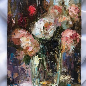 Pintura Flores Rosas Peonías Pintura al óleo Pintura original 7 x 10 pulgadas Impresionismo Flores Espátula Pintura moderna para regalo mamá