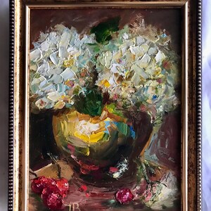 Original Oil Painting: White Hydrangeas in Vase - Vintage Style 6x8&quot;