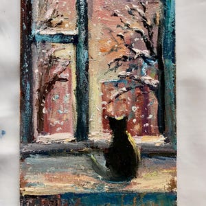 Black cat Oil Painting 4x6 inches Black Cat Drawing for Children's Room Unframed Small Paintings Art Gallery Cute pictures Cat on windows