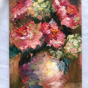 Pintura al óleo de rosas rojas rosadas en marco de 4 x 6 pulgadas, arte original, impasto, no impresión, pintura pequeña, estilo vintage, decoración de flores, dormitorio, comedor