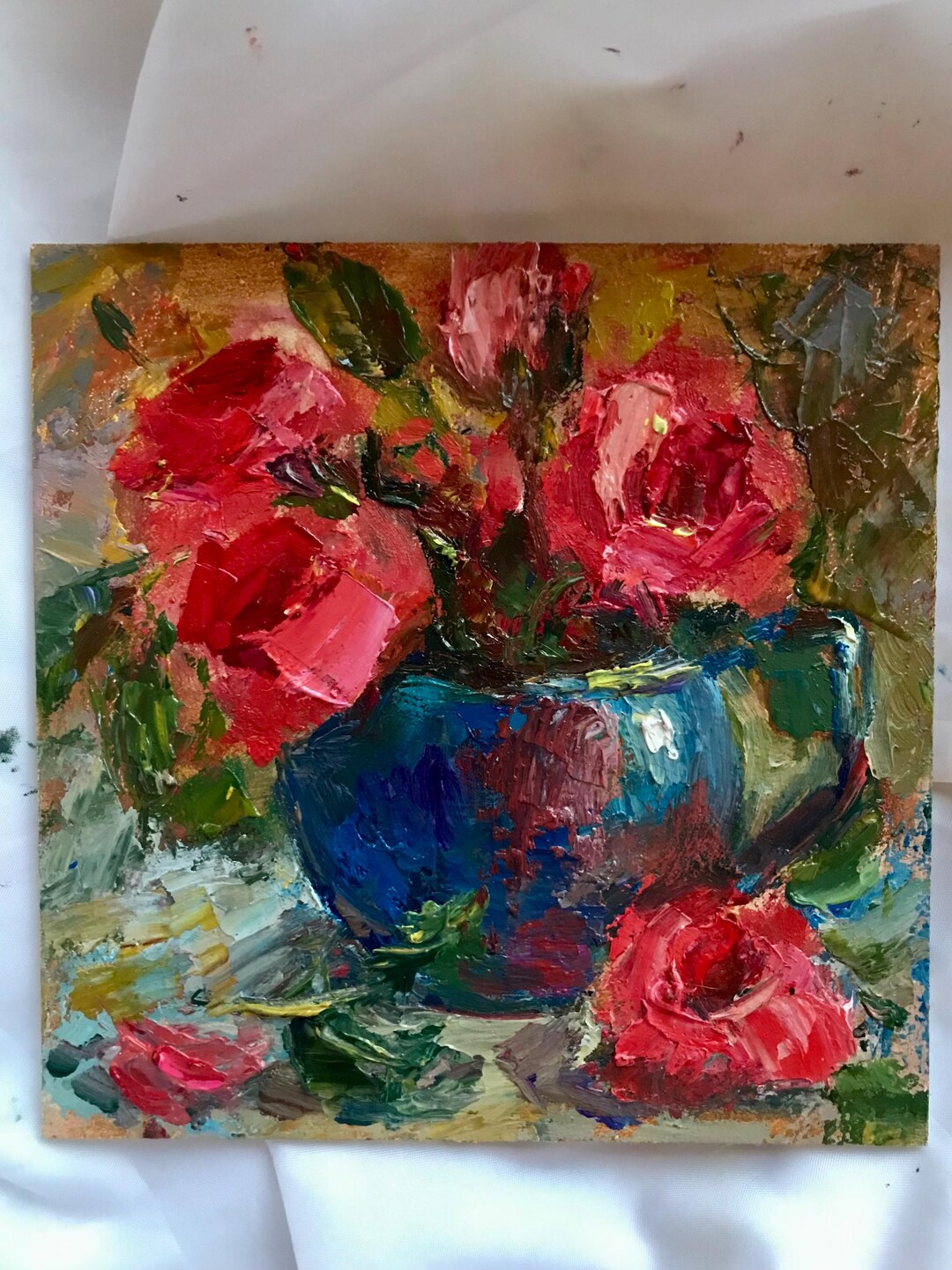Made to Order: Pink Roses Still Life Oil Painting, Impasto Art (6x6 ...