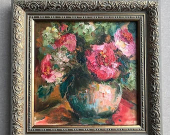 Rosen in der Vase Vintage Still Küchen Kunst (6 x 6 inch) Original Ölgemälde Blumen Kunstwerk Quadratisches Bild
