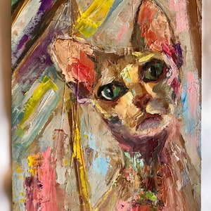 Pintura de gato Arte original 5 x 7 pulgadas Óleo sobre cartón Gato abstracto Ojos verdes Imágenes Imagen de orejas rosadas Colección de arte de pared de gato Gatos Tarjeta de regalo