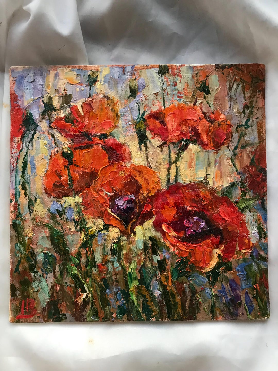 Poppies Oil Painting Canvas on Board Original Floral Art - 8x8 Inch Art ...