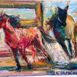 Pferde Ölgemälde Originale Gemälde Pferd zu Fuß Wanddekor Original Non Print 18 x 23 cm Tier Gemälde Rotes Pferd Zeichnung Ungerahmt Geschenk