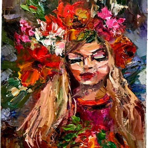 Menina primavera coroa de flores pintura 5 * 7 polegadas óleo original galeria de parede de arte
