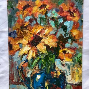Ramo de flores amarillas Arte original Bodegón Pintura al óleo 5 x 7 pulgadas Galería de pared Pintura Flores Jarrón azul Decoración casa Venta Sin marco