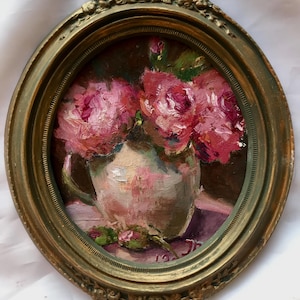Flowers Oil Painting Original Painting Vintage Style Oval Painting Framed Painting Roses in  Vase Small Painting Gallery Wall in Living Room