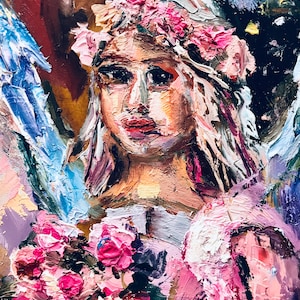Pintura a óleo de anjo Arte original 6 x 6 polegadas Quadrado Galeria de parede Arte Retrato anjos Sem moldura Presente de inauguração de casa Feriado papelão