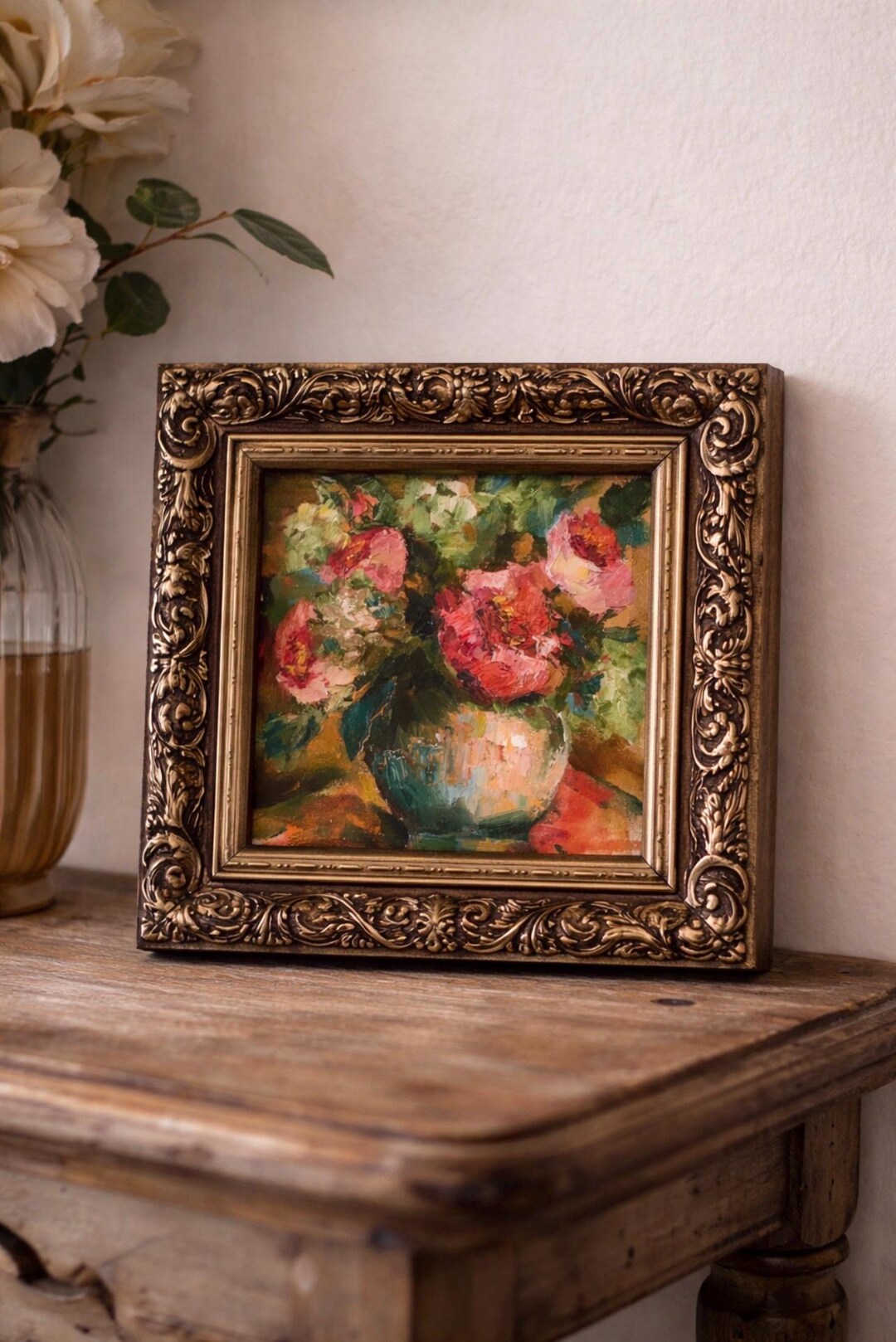 Roses in Vase Vintage Still Art (6x6 Inch)original Oil Painting Floral ...