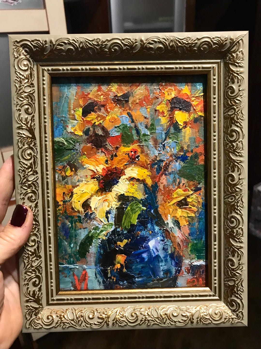 Sunflowers in a Blue Vase Yellow Flowers Original Oil Painting: 5x7 ...