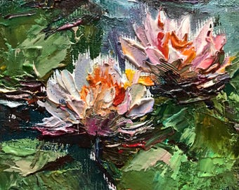 青い睡蓮 - クロード・モネの手描きの油絵のレプリカ、夜に浮かぶ花の
