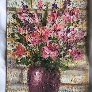 Ramo de flores, pintura al óleo sin marco, 8 x 10 pulgadas, galería de arte de pared, pintura pequeña, flores rosas en jarrón, estilo comedor, cocina, decoraciones de pared