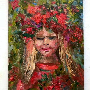 Menina vermelha coroa de flores pintura a óleo arte original galeria de parede retrato linda menina verão pintura flores vermelhas na cabeça flor coroa