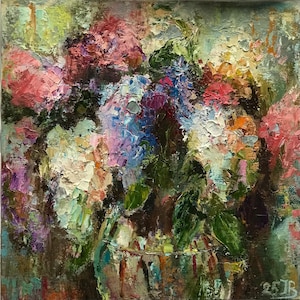 Peinture à l'huile fleurs lilas 10 impressionnisme peinture carré fleurs roses lilas blanc galerie murale cadeau amis Pâques belle peinture fleurs