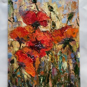 Pintura a óleo de papoulas sem moldura 5x7 polegadas Galeria de arte de parede Sala de jantar Decoração Lembrança Pequeno presente agradável Pintura Presente dia das mães Presente Páscoa Cor
