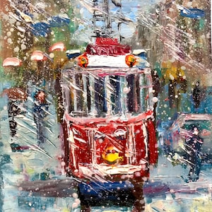 Ölgemälde mit Winter Stadtansicht 136 x 18 cm Original Kunst Rote Tram Weißer Schnee Geschenk für Weihnachtsdekoration Weihnachtskarten Coods aus der Ukraine