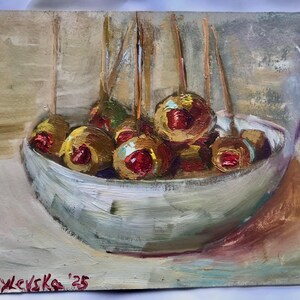 Azeitonas Pintura a Óleo Arte Moderna Original Pequenas Fotos Galeria Parede 5x7 polegadas Azeitonas em um Palito Decoração de Cozinha Quadro Emoldurado Presente de Páscoa