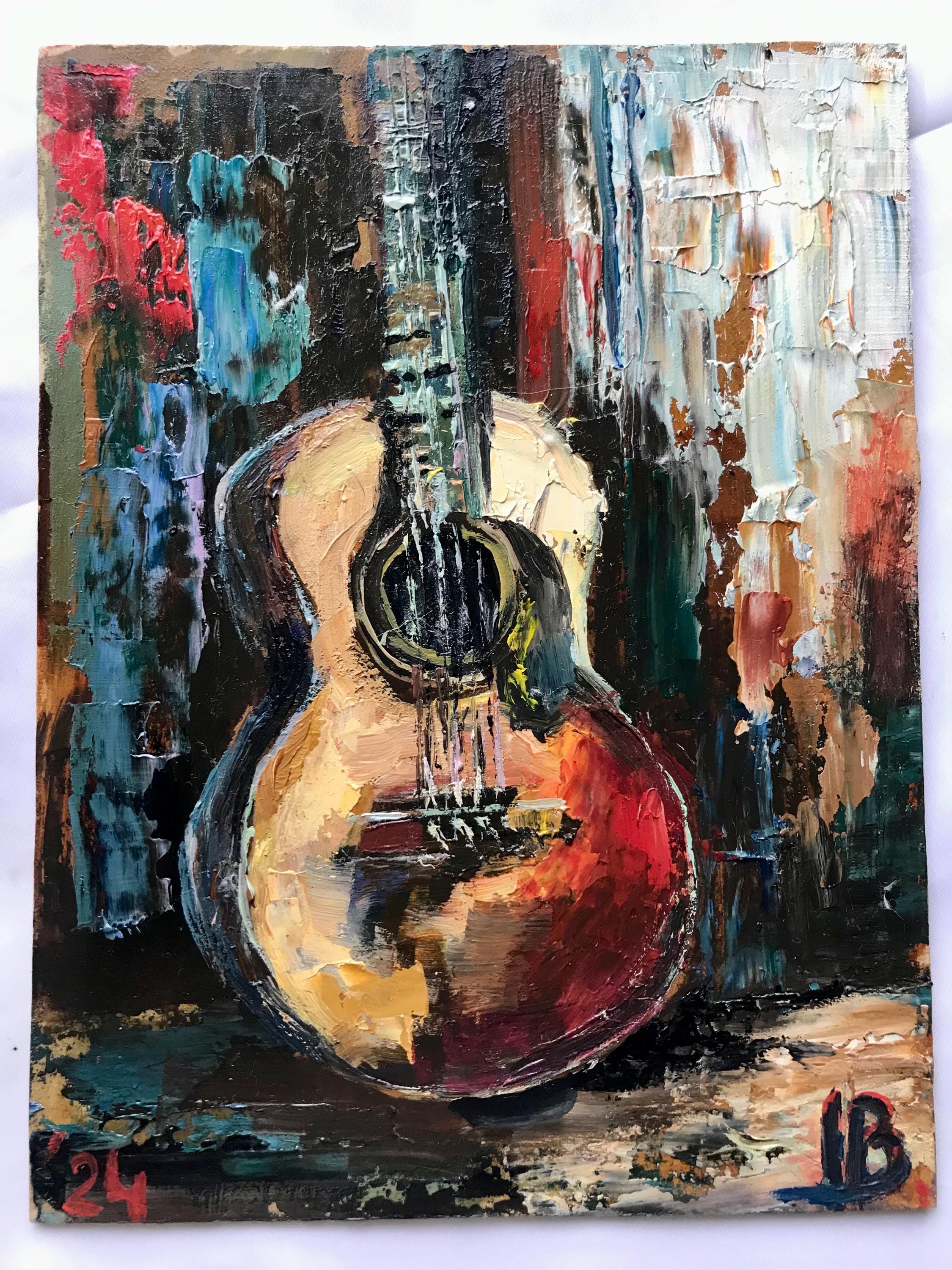 Guitar Oil Painting Original Art 4x4 Inches Musical