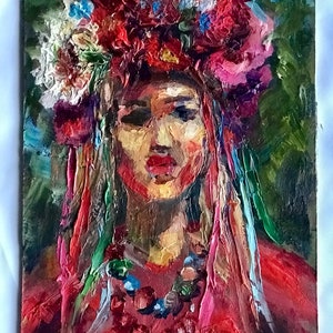 Menina Retrato Pintura Óleo Original Galeria de Arte de Parede Retrato menina em flores vermelhas Menina ucraniana em uma coroa de flores Flores brancas vermelhas Vestido vermelho