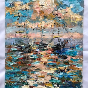Pintura al óleo de paisaje marino, 7 x 10 pulgadas, pintura original sin marco, empasto, espátula, pinturas pequeñas, imágenes de barcos yates, regalo para hombre, imagen del mar