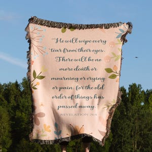 Christian Woven Blanket Revelation 21:4  Christian Bible Verse and Scripture Faith Based,  Floral Design, Woven Gift  Daughter Boho Blanket
