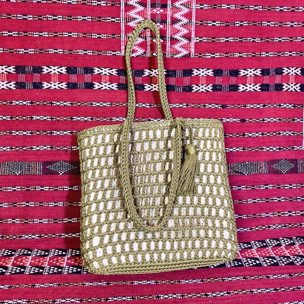 Cabas en raphia au crochet | Sac à bandoulière tissé en paille à franges | Sac Boho TRÈS GRAND