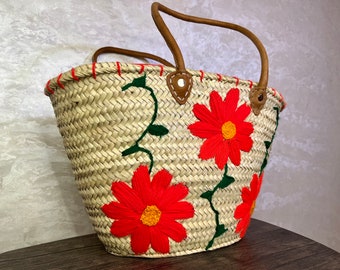 May include: A woven straw tote bag with leather handles and embroidered red flowers. The bag has a natural straw color with red and green embroidery.
