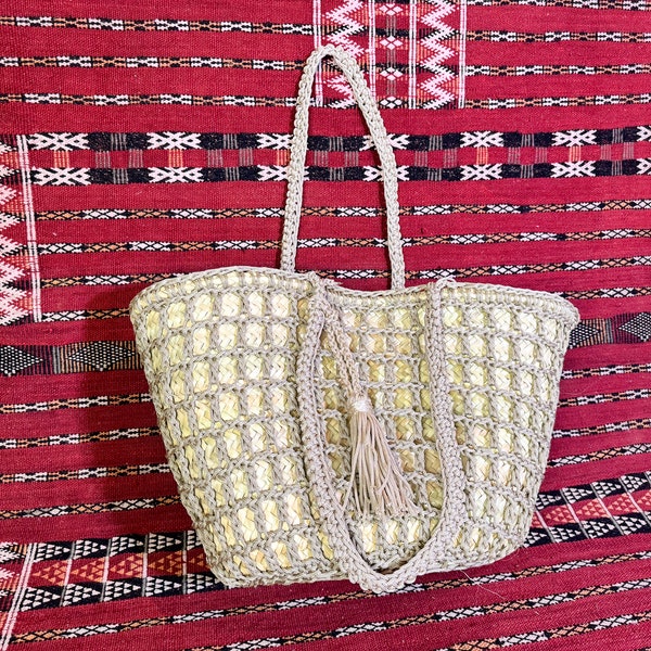 Cabas en raphia au crochet | Sac à bandoulière tissé en paille à franges | Sac Boho TRÈS GRAND