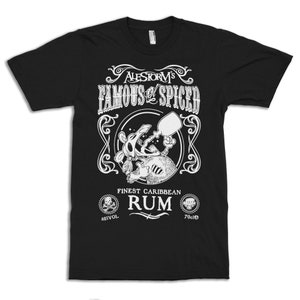 May include: Black t-shirt with a white graphic of a skull drinking from a bottle. The graphic says "Alastorm's Famous Spiced Rum" and "Finest Caribbean Rum".