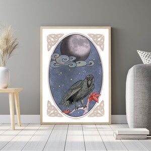 Edición limitada - Cuervo - Diseño original, menos de 10 editados - Póster gótico celta místico de Halloween con cuervo, luna. SIN MARCO.