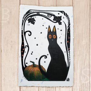 Impresión de lino + pintura única hecha a mano Gato negro - Art nouveau, Vintage, Folk, Halloween. Decoración de pared, póster, kakemono. Papel de molino con flores.
