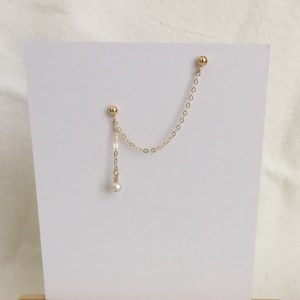 14K Gold Filled Double Piercing /  Tiny  Pearl  Stud Earrings / Dainty Chain Stud Earrings /  Double Chain Gold Ball Studs / Single Earring