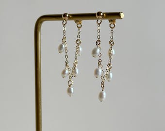 14k Gold Filled Pearl Drop Earrings, Bridal Chain Earrings