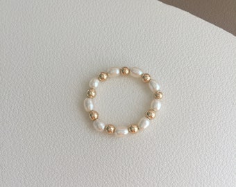 Small Freshwater Pearl Rings / Gold Filled Beaded Ring / Pearl and Gold Bead Rings / Dainty Stackable Rings
