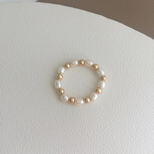 Small Freshwater Pearl Rings / Gold Filled Beaded Ring / Pearl and Gold Bead Rings / Dainty Stackable Rings