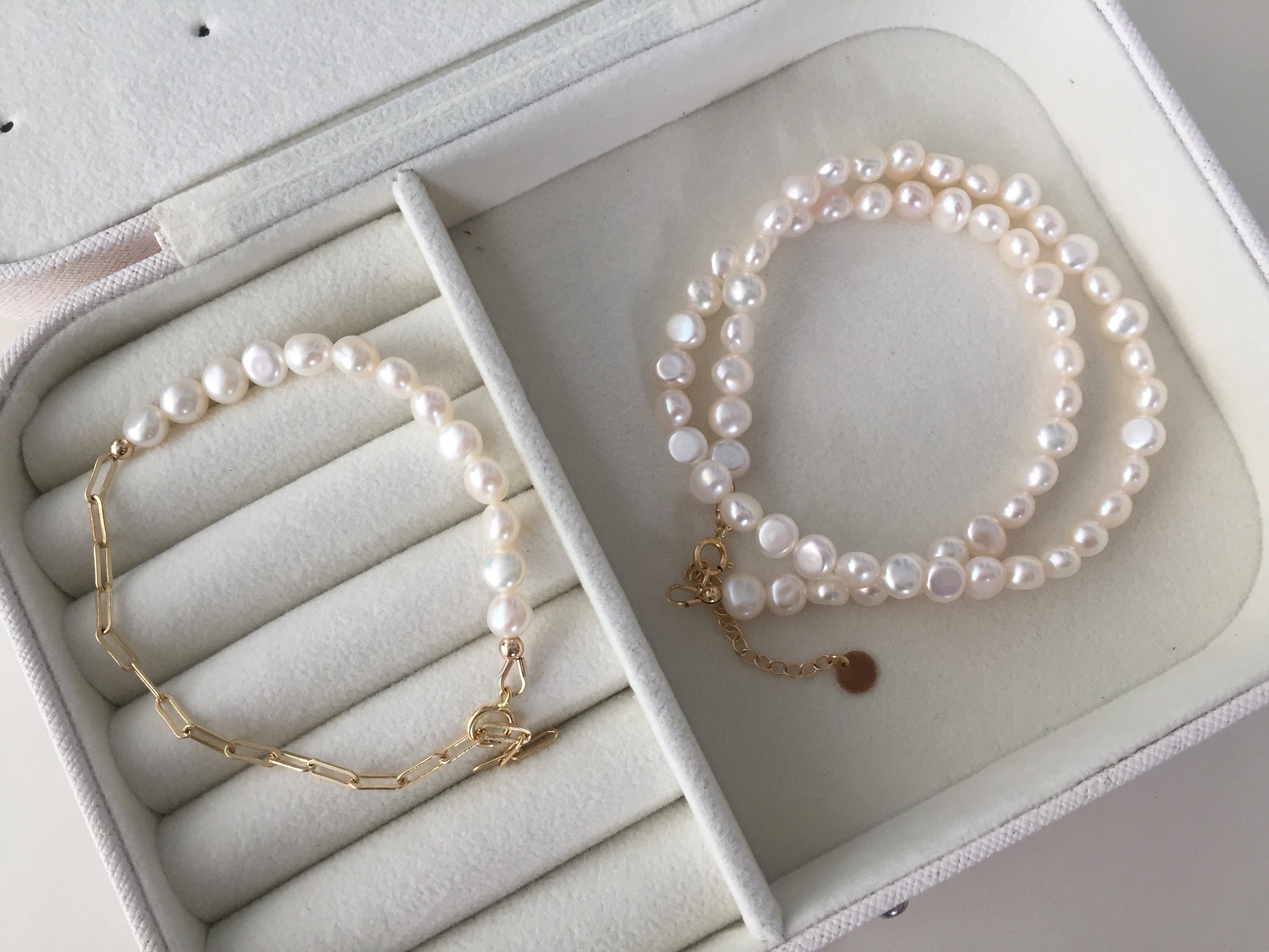Half Pearl and Half Chain Bracelet / Gold Filled Paperclip