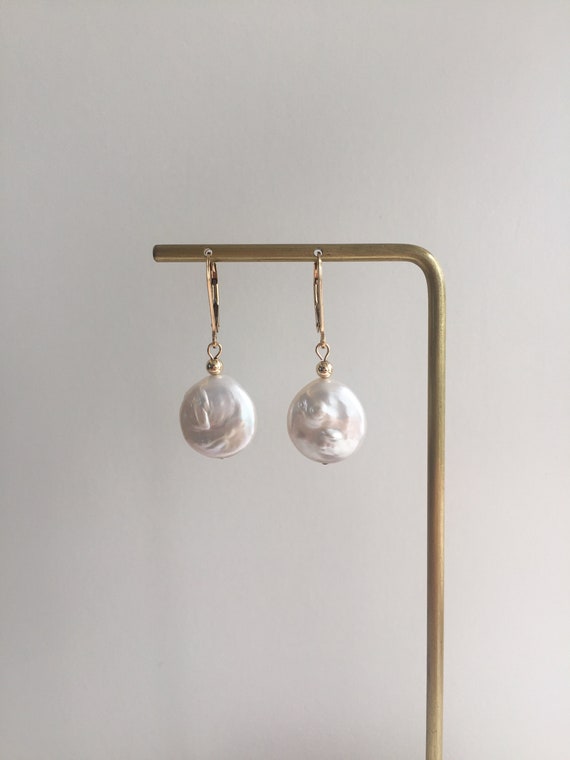 14K Gold Filled Lever Back Earrings, Coin Pearl Drops