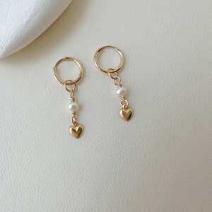 Gold Filled Small Hoop Earrings/ Freshwater Pearl and Heart Drop Earrings / Dainty Mini Heart Drop Hoops / Two Style Hoop Earrings