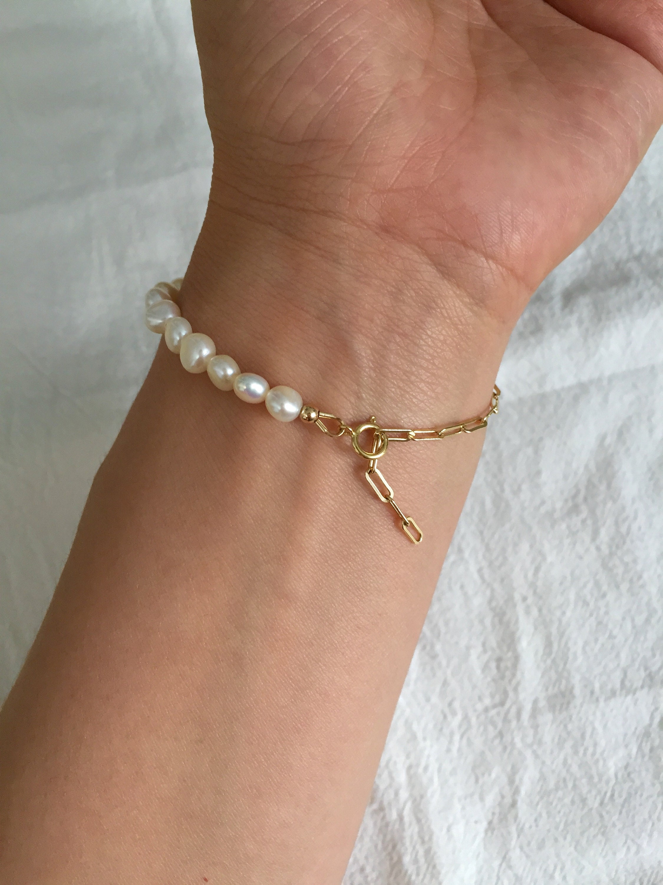 ■VINTAGE HOLLYWOOD■ Chain Half Pearl BraceletVH25NNBR171V 7mm White Freshwater Oscar Pearl & Chain Necklace