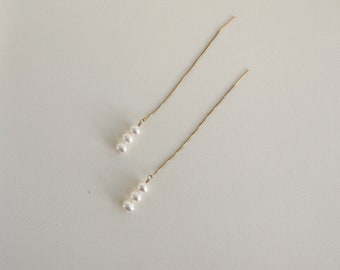 14K Gold Filled Threader Earring / Pearl Threader Earring / Triple Freshwater Pearl  Earring / Dangle Earring / Wedding Earring