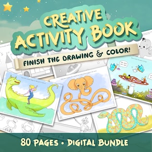 May include: A digital bundle of an 80-page creative activity book titled Creative Activity Book: Finish the Drawing & Color! The pages feature various illustrations including a green dragon, a long-trunked elephant, and insects at a tea party.