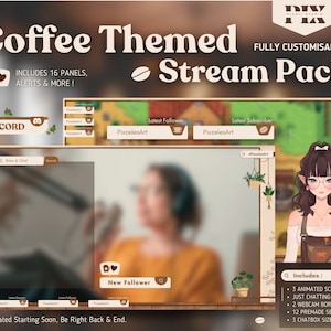 Animated Coffee Stream Pack | Twitch Stream Overlay Pack | Animated Screens (includes full customisation, 16 panels, alerts & more)