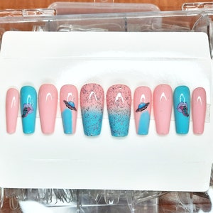 Pink & Blue Alien Press On Nails - Coffin Galaxy Nail Set